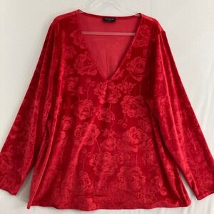 Lane Bryant Blouse Velvet size 26/28 Red Floral Long Sleeve Stretch Romantic